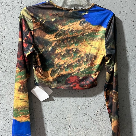 #042♦️SHEIN Blue and Yellow Graphic Fitted Crop-Top Sz 6/M US ♦️ - Picture 9 of 10